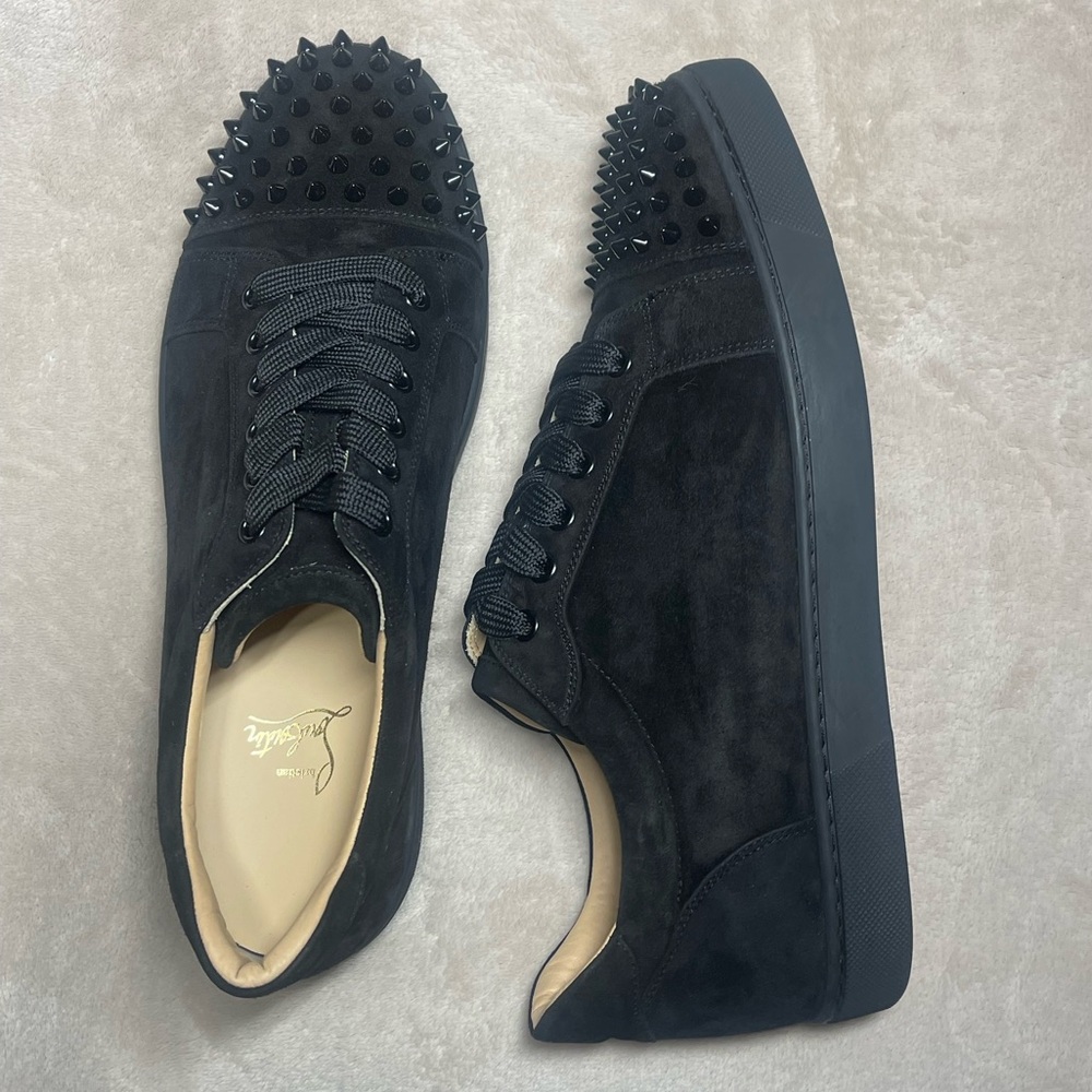 Christian Louboutin Black Suede Spiked Sneakers Vieira spikes flat veau velour - Picture 4 of 7